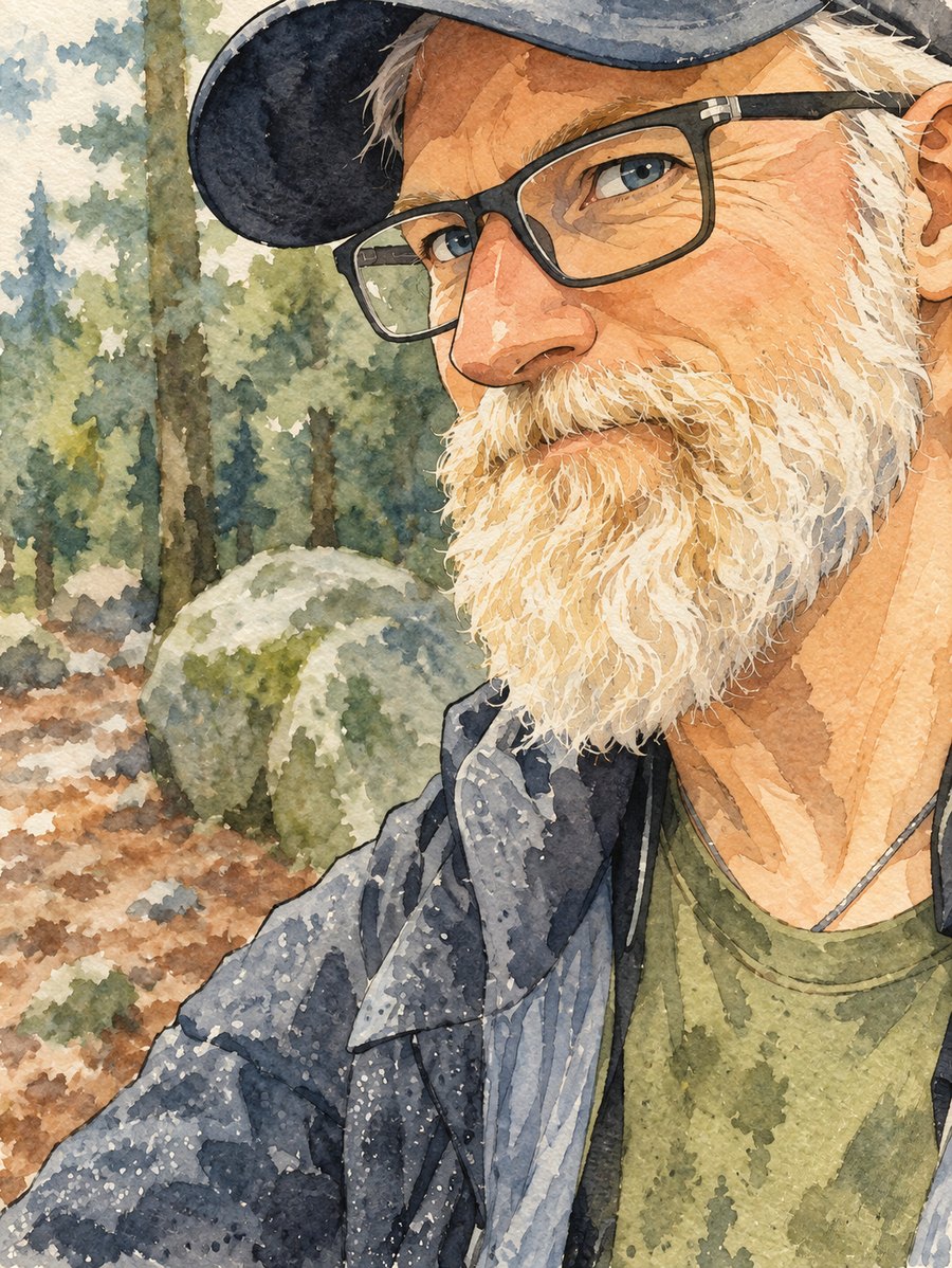 A watercolour portrait of Keyton: grey beard, glasses, cap, trees behind